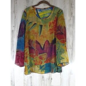 Chicos Blouse Top Size 1 or Medium Silk Abstract Print Long Sleeve Sheer Rainbow